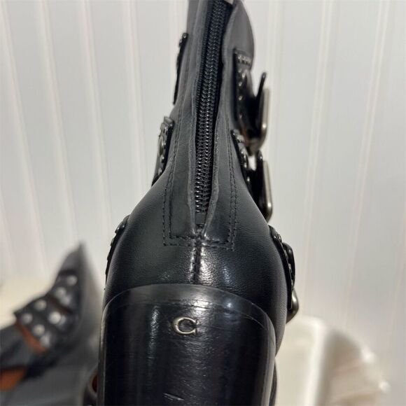 Coach Black Leather Studded Cutout Western Boots 7B Buckle Moto Pointed Toe - Picture 6 of 8